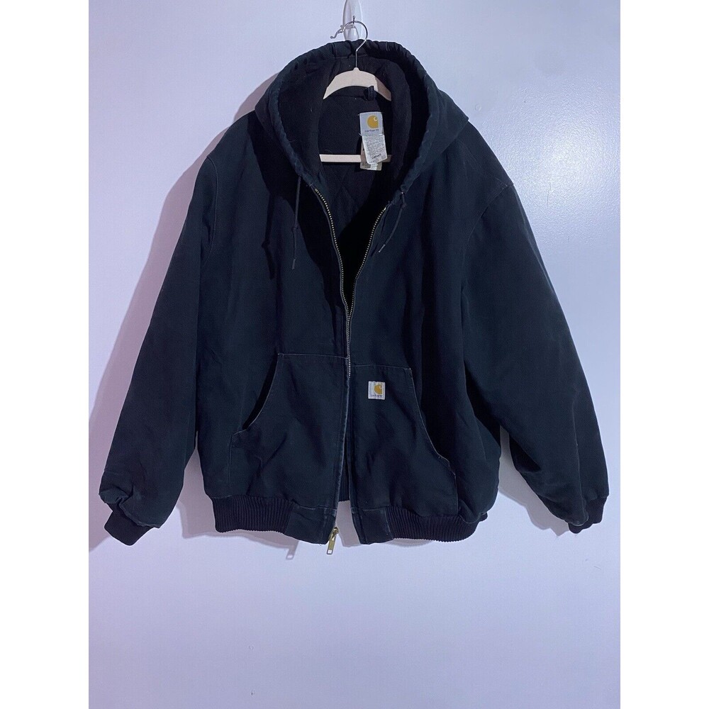 Vtg Carhartt Jacket 2XL Black J140 Duck Canvas Quilt Lined Hooded Workwear